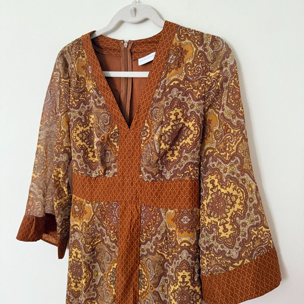 NY&Co Brown Damask Belted Dress Retro Style 3/4 Sleeves V-Neck Chic Sz S - Picture 12 of 12